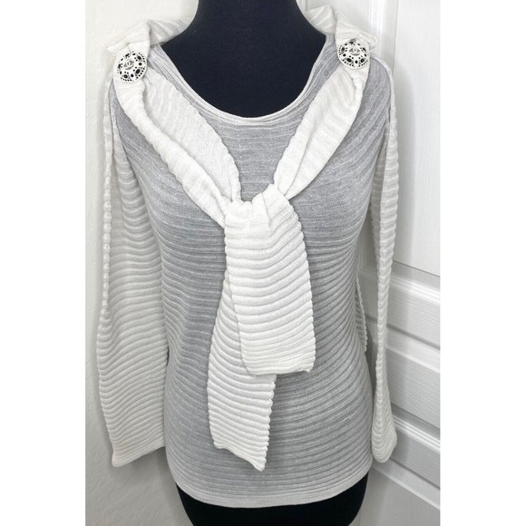 🤍 CHANEL Jewel Button Brooch Pin Ottoman Open Knit Stripe Shoulder Tie Sweater - Picture 11 of 11